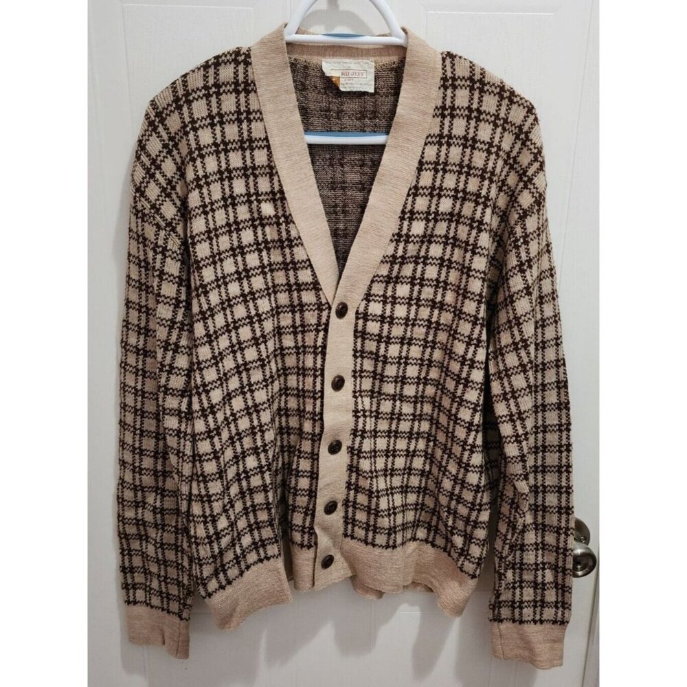 VTG 60s Lord Jeff Knit Grandpa Cobain Cardigan‎ Sweater Check Print USA Size L